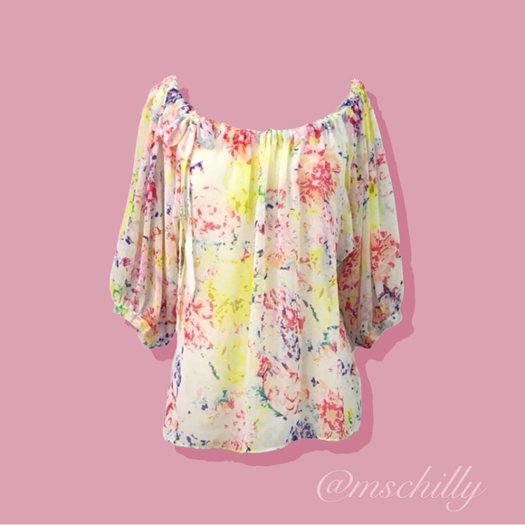 CAbi Tops - Cabi In Case Blouse White Yellow Red Blue Peasant Watercolor Floral Top 826 M